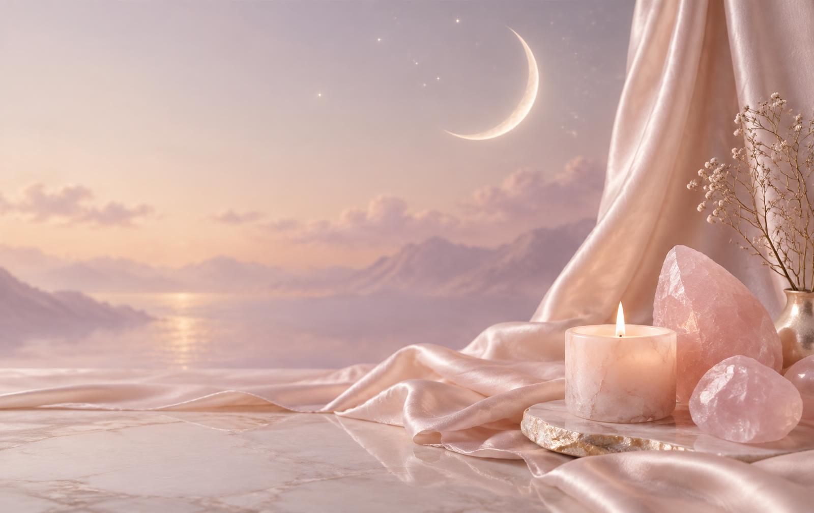 Crescent moon over a calm sea with candle and rose quartz
